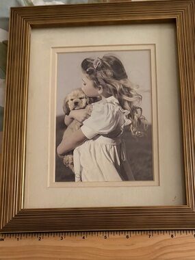 Vintage 1950s Style Framed Art - Girl with Cocker Spaniel Puppy